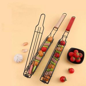 Utensilios de barbacoa de acero inoxidable con mango de madera para parrilla exterior y doméstica, jaula para verduras y brochetas redondas, herramientas con logotipo láser - Product Image 4