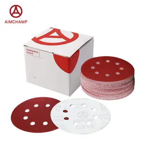 Aimchamp amplas oksida Aluminium merah, piringan pengamplasan bulat Aluminium 5/6/7/9 inci 0/6/8/15/17 lubang kait dan putaran putaran putar untuk kayu