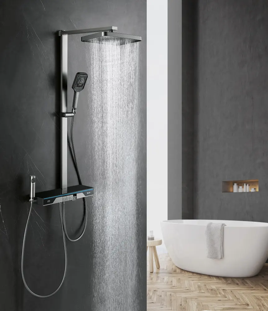 Bagno luce LED Display digitale rubinetto sistema doccia Set vasca da bagno calda e fredda 4 funzioni mano doccia Top grigio rubinetto nero