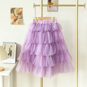 Low price fashion spring fall sweet mesh tutu petti pure color long kids baby girls cake skirts for 3-8 years