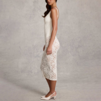 Robe midi élégante en dentelle florale, décolleté plongeant, sans manches, transparente, moulante, avec fente au dos, tenue de soirée cocktail