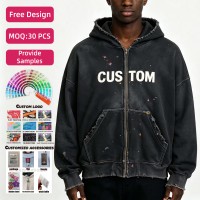 Sweat à capuche zippé pour homme, 420 g/m², 100 % coton lavé, coupe lourde, avec impression sérigraphiée effet vieilli et motif graphique sur le corps