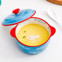 Bol en céramique sous glaçure à double anse pour œufs à la vapeur, soupe ou riz, avec couvercle, compatible micro-ondes, design mignon pour enfants
