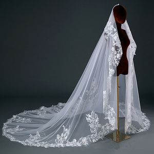 लुओक्सिन वेडिंग ब्राइडल घूंघट लंबी लेस एज फूल कंघी के साथ शानदार एप्लिक कैथेड्रल लंबाई - Product Image 1