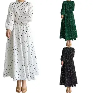 터키 이슬람 두바이 긴 소매 전통적인 이슬람 허리 긴 소매 라운드 넥 하트 프린트 드레스
