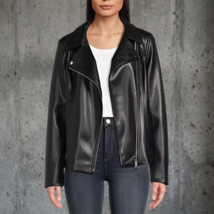 Veste en cuir PU noir pour femme, style moto, avec fermeture éclair, col rabattu, coupe classique, style automne - Product Image 2