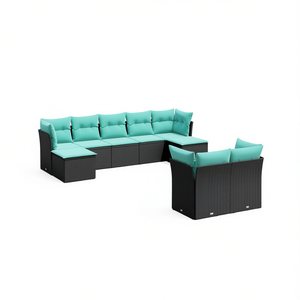 Conjunto de Sofá de Jardín de Ratán Negro con Estructura de Acero con Recubrimiento en Polvo, Muebles de Patio Acolchados para 7 Personas, Estilo Contemporáneo - Product Image 1