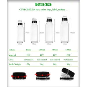 250 ml 350 ml 400 ml pet-Saftflasche kundenspezifische quadratische transparente PET-Getränke-Plastik-Saftflasche mit Kappe
