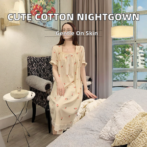 Ensemble pyjama d'été en coton respirant imprimé pour femme, nuisette mignonne tricotée, taille élastique douce, longueur genou, manches courtes, tenue d'intérieur - Product Image 2