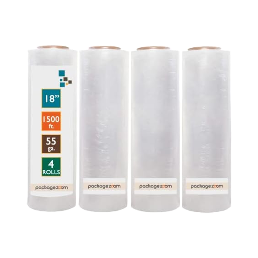 PackageZoom 4 рулона 18 дюймов X 1500 футов сверхпрочная прозрачная ручная стрейч-пленка 55 калибра, высокая производительность, влага, 50 см, мягкая