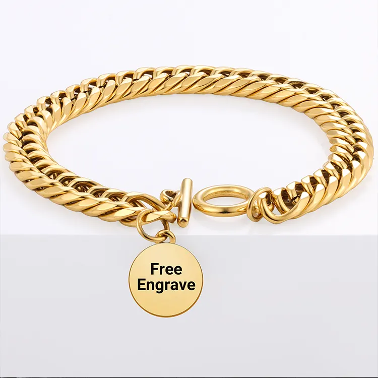 Custom 8mm Free Engraved 18k Real Gold Plated Stainless Steel Bracelets Wholesale with words Hip Hop Cuban Link Chain Bracelet