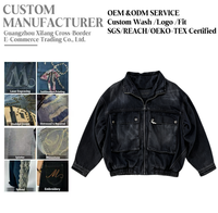 Veste en jean vintage courte pour homme avec fermeture éclair, poches cargo grandes, ourlet élastique, noir délavé, streetwear, vêtement d'extérieur hiver