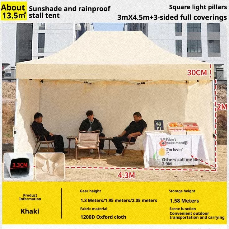 Piliers lumineux carrés - 3m x 4,5m + 3 couvertures intégrales - Kaki