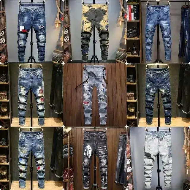 Nova Itália Estilo dos homens Afligido Destruído Badge Pants Art Patches Motociclista Branco Jeans Calças Finas Homens Denim Jeans