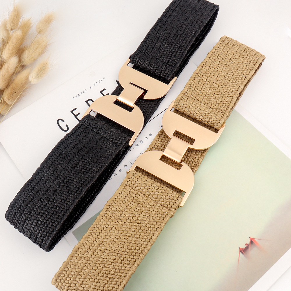 REWIN Bohemian Gold Metal Hook PP Straw Woven Waistband Female Braided Elastic Belt for Women Dress Jeans