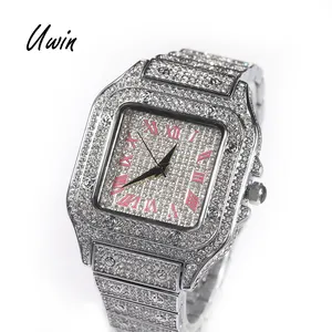 UWIN Luxury Full Iced Out Diamond Quartz Watch Digital Square Dial Pink Roman Numbers Watches Hip Hop Women Men Rapper Jewelry