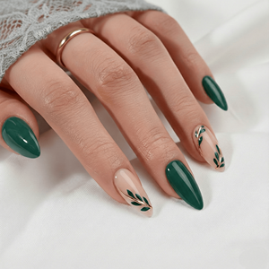 <span class=keywords><strong>Uñas</strong></span> Postizas Minimalistas con Diseño de Hoja Verde, Pintadas a Mano, Forma Almendrada, Acrílicas, Removibles, Reutilizables, para Uso Diario - Product Image 1