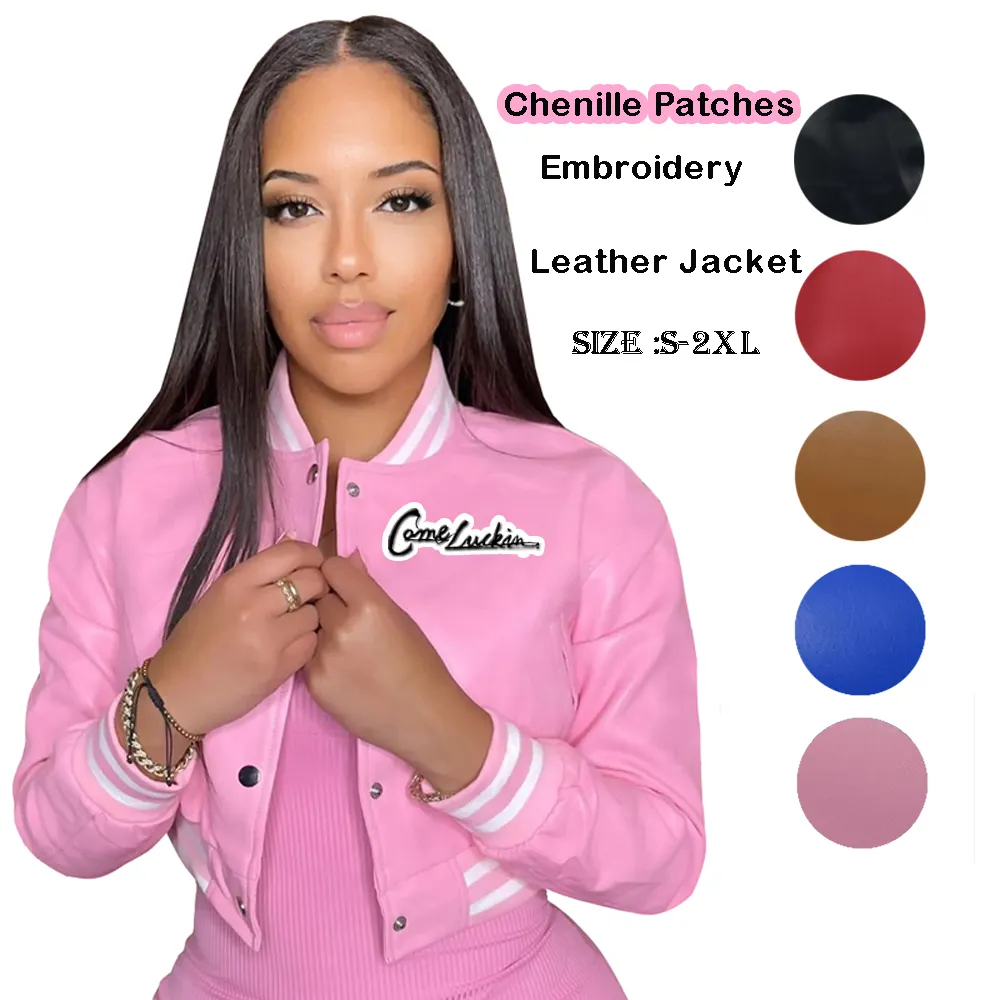 Automne hiver femmes vêtements personnalisés Chenille patchs Letterman vestes manches longues manteaux en cuir Varsity Baseball veste pour les femmes