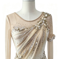 Robe de patinage artistique dégradé ivoire champagne avec broderie de strass et dos en maille pour adultes et enfants