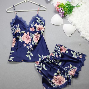 Conjunto de pijama con estampado Halter de encaje de alta calidad para mujer, conjunto de pijama holgado y cómodo para el hogar, Conjunto de pijama transpirable para mujer, venta al por mayor de la semana del 2017