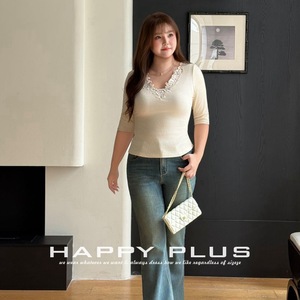 Runqi - Top de Punto con Cuello en V y Encaje para Mujer, Manga Tres Cuartos, Corte Ajustado, Suave, Talla Grande, Moda Primavera - Product Image 5
