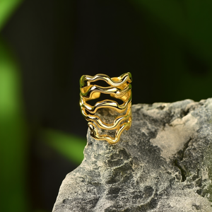 Fashion <b>Rings</b> 316L Stainless Steel PVD Gold Plating Sustainable Resistant Wave Design <b>Statement</b> <b>Ring</b> - Product Image 3