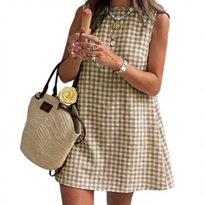 Vestido Mini sin Mangas a Cuadros para Mujer, Cuello Redondo, Corte en A, Casual, Verano, 100% Algodón, Transpirable, con Dobladillo Acampanado, para Uso Diario - Product Image 4