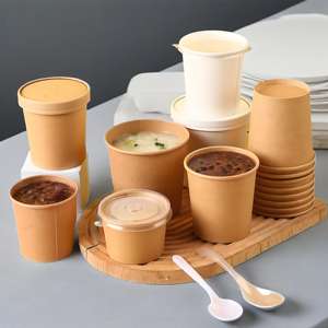 Customized Size 8OZ 12OZ 16OZ 25OZ Fast Food Paper Bucket Kraft Paper Soup Cup With Cover - Product Image 3