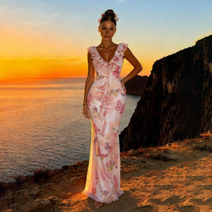 Vestido de Verano para Mujer, Estilo Francés, Estampado de Mariposas Rosas, Largo hasta el Suelo, Tejido, Cintura Natural, Cuello con Volantes de Encaje, Malla, para Vacaciones - Product Image 4