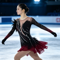 Robe de patinage artistique à manches longues en maille dégradée noir et rouge bordeaux, ornée de strass argentés et de plumes, dos ouvert, pour concours de danse sur glace