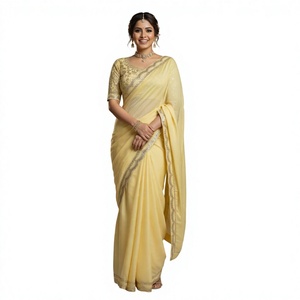 <b>Yellow</b> Embroidered <b>Saree</b> for Women Regular Length Traditional Dress for Wedding Party Bridal Wear - Product Image 3