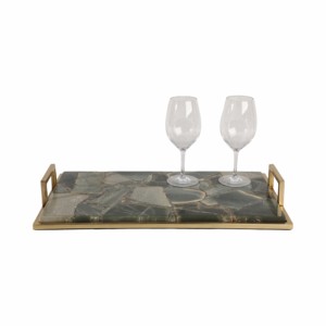 Elegante vassoio in agata con lati e manici in metallo per letto o tavolino, vassoio decorativo per gioielli e piccoli oggetti. - Product Image 2