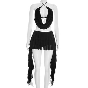 Viviblook D26ST055 Ensemble d'été pour femme, débardeur en maille à col licou et laçage, short-jupe à volants, ensemble deux pièces - Product Image 3