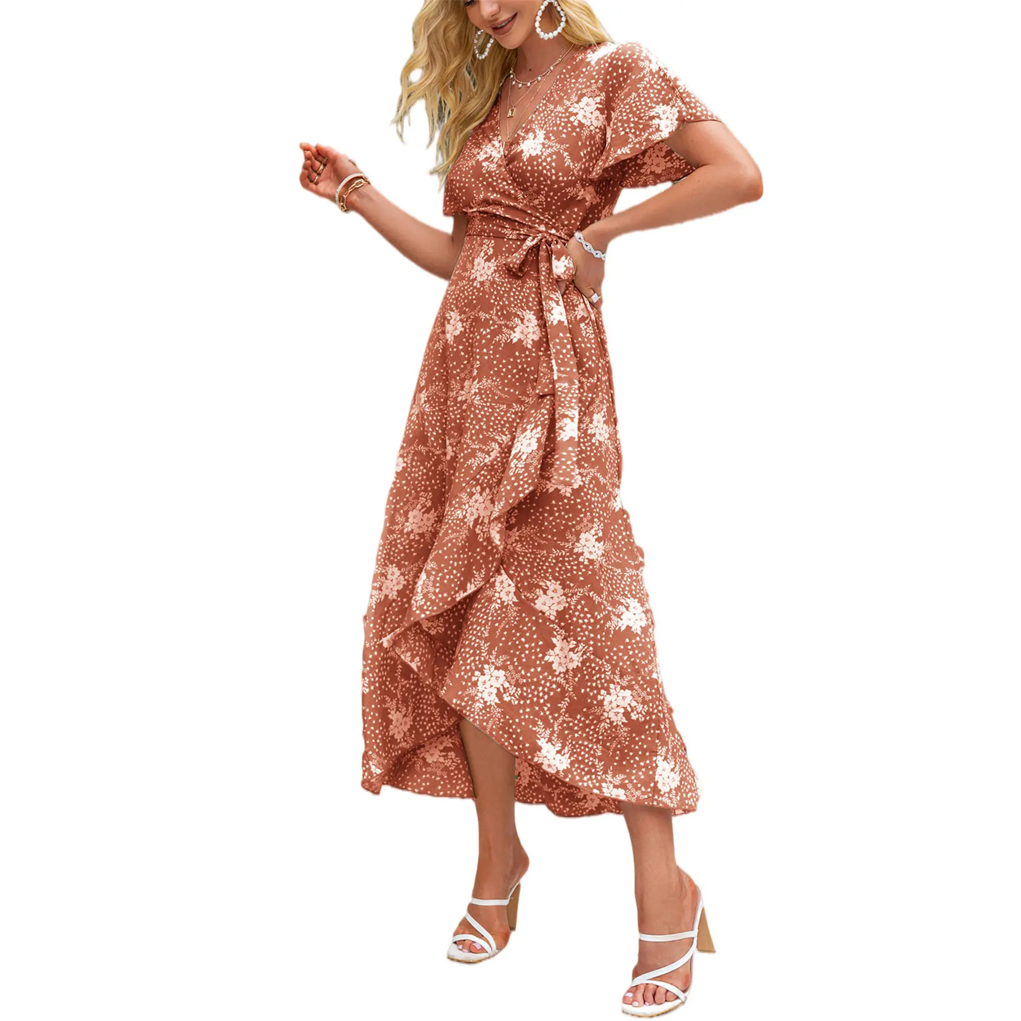 Aschulman 2023 Summer Beach Digital Printing Chest Chiffon Bohemian Wrap Long Dresses Women Casual