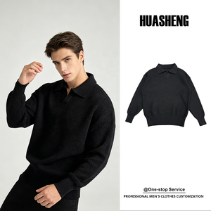 Maglione Oversize da Uomo in Maglia Waffle Nera con Collo a <span class=keywords><strong>Polo</strong></span>, Pullover Traspirante e Morbido per Moda Casual Autunno Inverno - Product Image 1