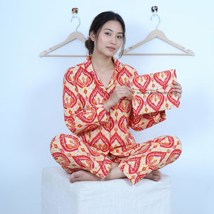 Elegante Conjunto de Pijamas de Algodón Puro con Estampado Floral para Mujer, Primavera/Verano/Otoño, Secado Rápido, Transpirable, Cintura Elástica, Suave y Largo - Product Image 1