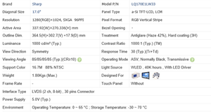 Sharp LQ170E1LW33 17 ''TFT <span class=keywords><strong>LCD</strong></span> <span class=keywords><strong>LCM</strong></span> 1280x1024 1000 Nits yüksek parlaklık WLED arka ışık tam görüş açısı LVDS konektörü - Product Image 3