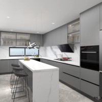 Armoires de cuisine gris foncé mat de style moderne, écologiques et faciles à nettoyer, équipées de quincaillerie haut de gamme pour appartements