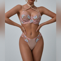 Ensemble de lingerie sexy rose brodé de fleurs en dentelle pour femme, soutien-gorge push-up à armatures en maille transparente et string, 2 pièces, respirant pour l'été