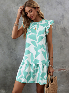 Mint Green <b>Leaf</b> Print Ruffled Sleeve A-Line Mini Dress for Women - Casual Vintage Spring Summer Vacation Dress - Product Image 1