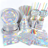 Décorations de fête de Noël/Nouvel An holographiques de 7/8/9 pouces - Ensemble de vaisselle jetable, chapeaux de paille et sacs, style nordique, pour usage extérieur