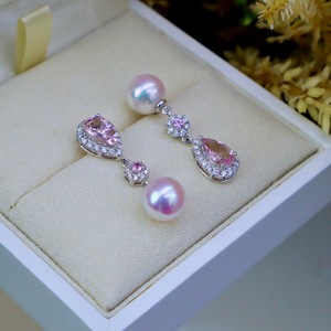 Pendientes de Perlas de Lujo Estilo AB, Diamantes Naturales Genuinos, Perlas Rosas Naturales de 8-8.5mm, Redondas, de Agua de Mar Japonesa Akoya - Product Image 2