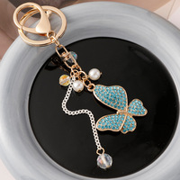Porte-clés Papillon en Alliage avec Pendentif en Cristal, Strass et Fausse Perle, Fait Main, Breloque pour Sac, Cadeau Créatif pour Femmes et Filles