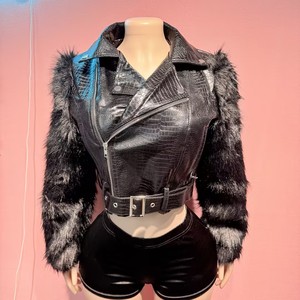 Nuova <span class=keywords><strong>Giacca</strong></span> in Pelle PU da Donna Autunno 2026, Casual, Manica Lunga, Patchwork, Stile Motociclista con Maniche in Pelliccia - Product Image 3