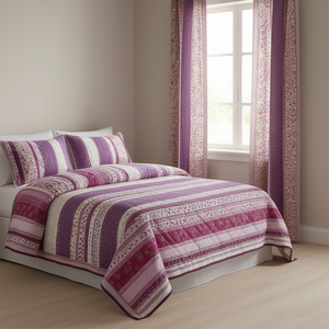 Cubrecama Doble con 2 Almohadas y Juego de Cortinas, Tamaño Matrimonial, Diseño a Rayas, Microfibra, Estilo Clásico, para Uso Doméstico - Product Image 2