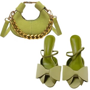 2025 Summer New Women's High Heel <strong>Sandals</strong> Blue Silk Texture <strong>Bow</strong> High Heel <strong>Sandals</strong> Chain Matte Crescent Bag Set Fashion Trend - Product Image 1
