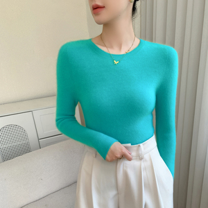 批发女式 100% 羊绒圆领针织毛衣 全竖罗纹修身长袖百搭打底毛衣 - Product Image 2