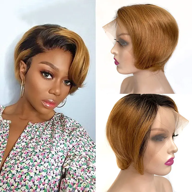 Peluca de cabello humano con corte Pixie para mujeres negras, barata, rubia ombré, recta, Bob, transparente, con encaje Frontal, brasileña, Remy, 180%