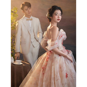 Off The Shoulder Floral Chiffon Ball <b>Gown</b> Dress Empire Waistline For <b>Brides</b> And Formal Events - Product Image 5