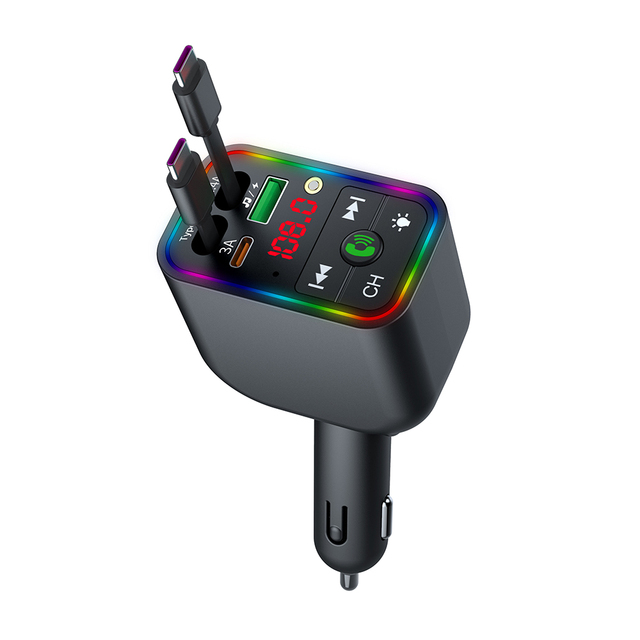 BT 5.3 Retractable Car Charger with Starlight 30W Fast Charging Type-C & USB Ports FM Transmitter Supports Camera & Smart Watch